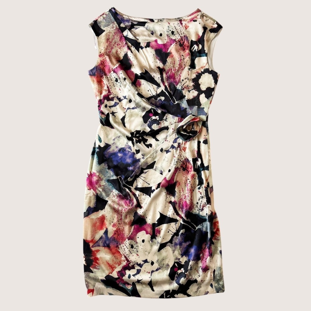 Suzi Chin Maggy Boutique Silk Watercolor Rosette Sheath Dress 10 Wedding guest - Picture 4 of 14